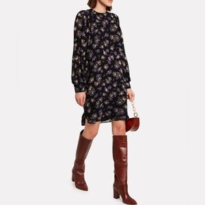Ganni Floral Print Georgette Wrap Mini Dress Violet Purple Black Size EU 32 US 0